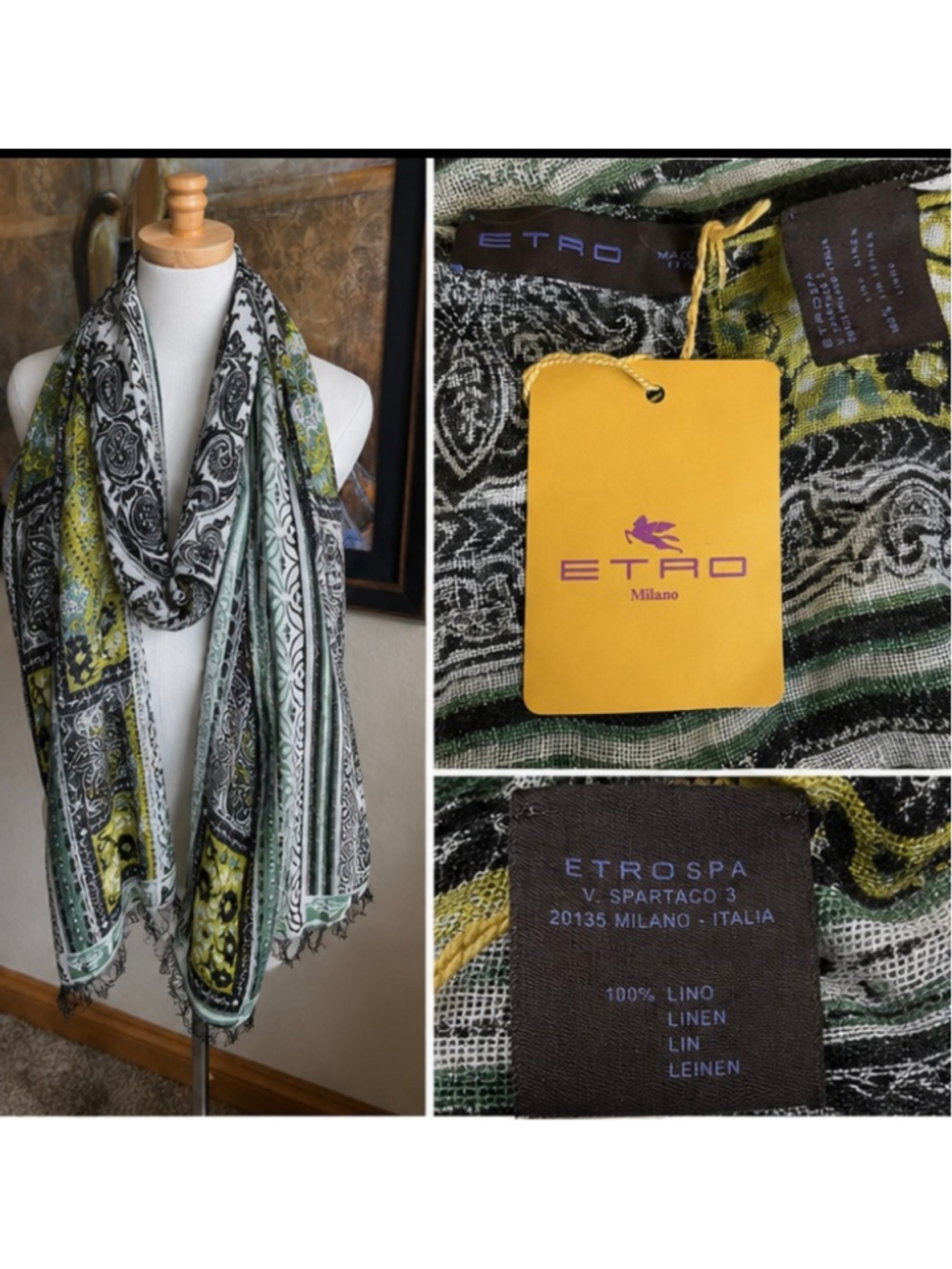 Women's Etro 100% Linen Scarf One Size Green Black Paisley Print New Boho - Picture 3 of 4